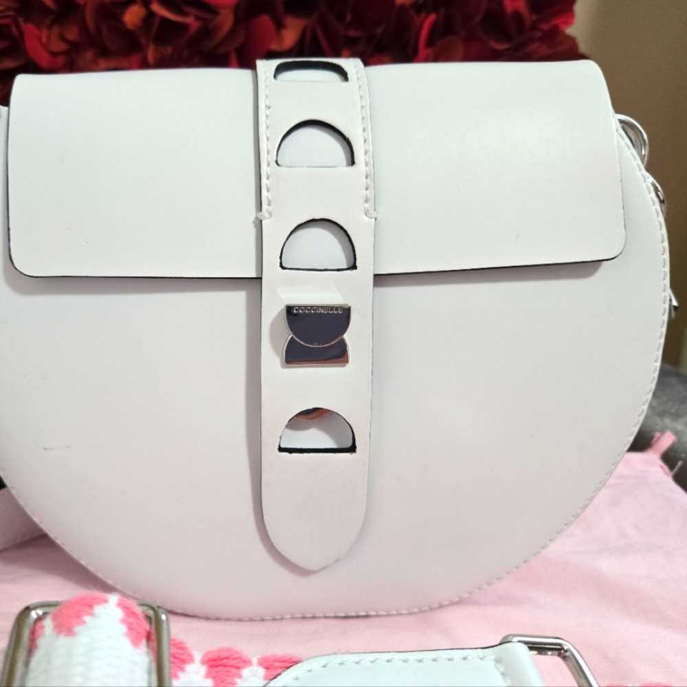 White Crossbody Saddle Bag with Decorative Strap
